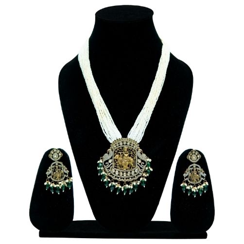 Traditional White Beads Necklace and Earring Set with Temple Pendant